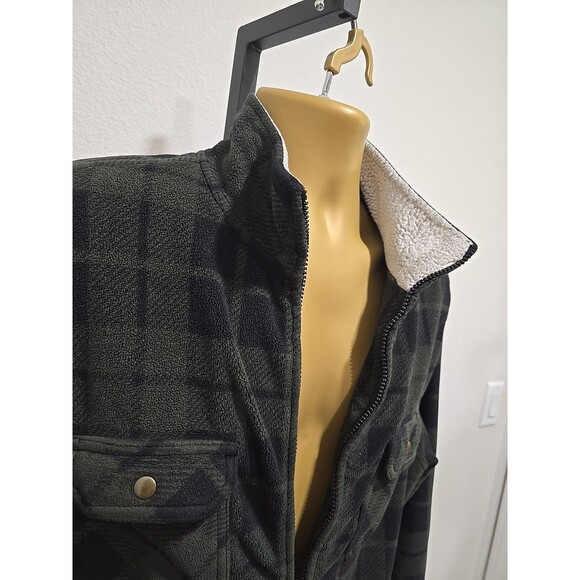 Green Black Plaid Full Zip Chore Barn Fleece Jacket Coat Mens XL Sherpa Collar - Picture 2 of 8